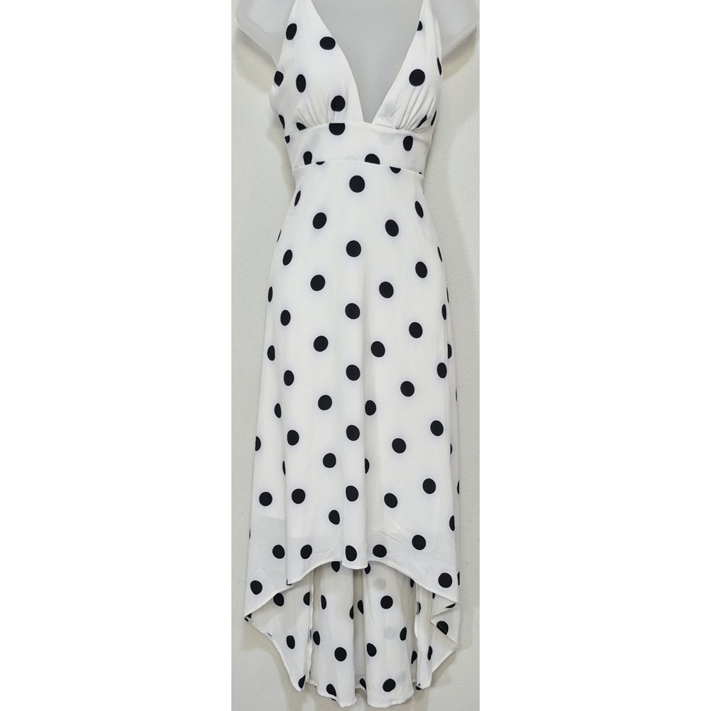 Forever 21 white black polka dot halter high low maxi dress LG deep v-neck